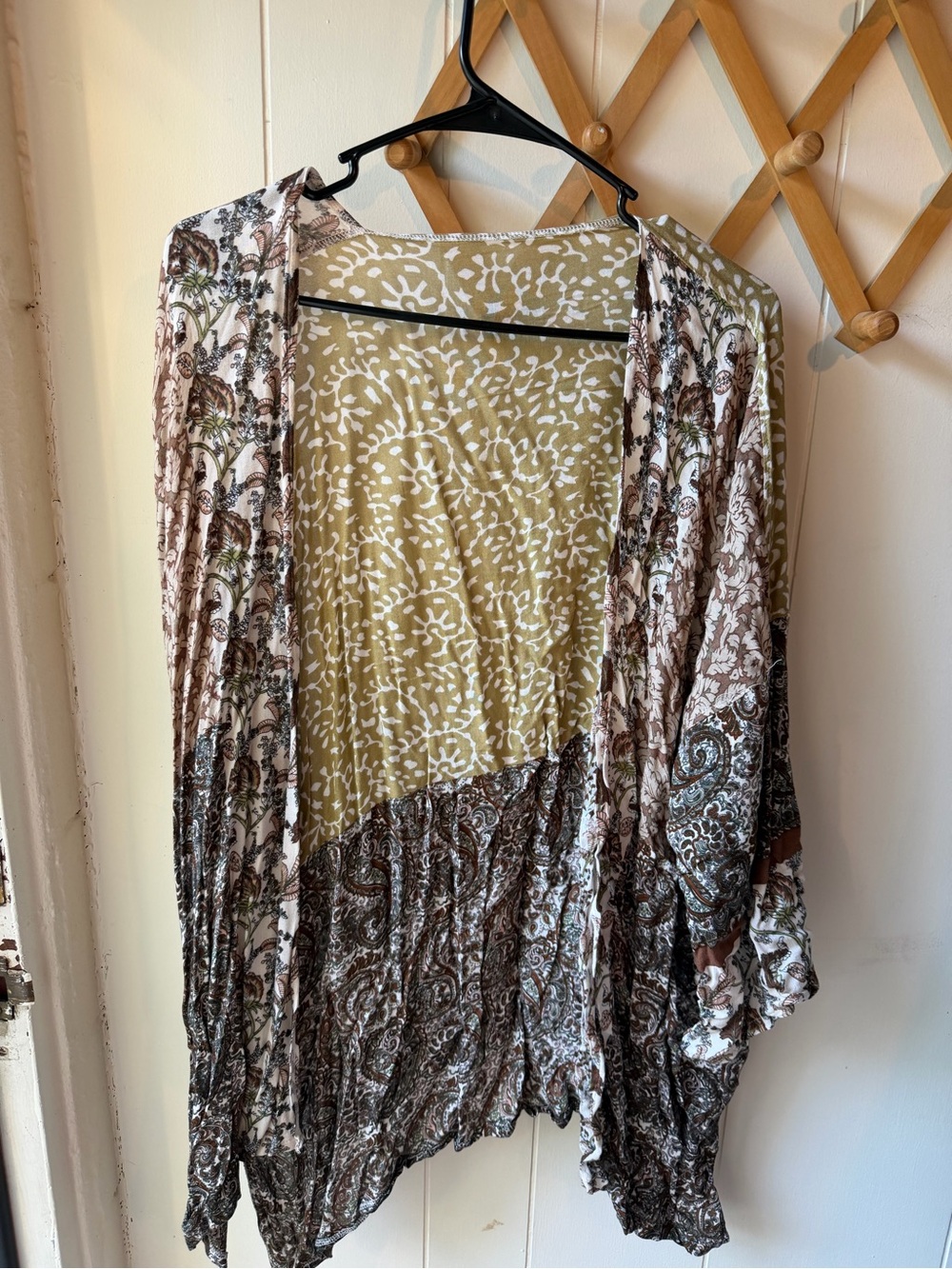Three Birds Nest Bohemian Printed Open Kimono in Olive, Brown & Cream